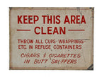 oversized late 1930's single-sided american industrial hand-painted weathered and worn heavy gauge steel "keep this area clean" larkin factory sign