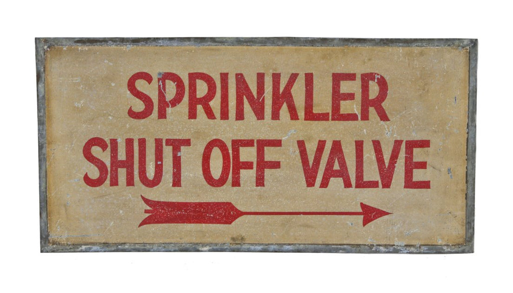 c. 1920's hand-painted double-sided galvanized steel commercial factory building "shut off valve" sign with directional arrow