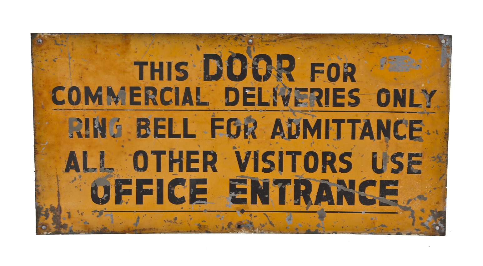 single-sided c. 1930's american industrial chicago factory nicely worn enameled steel "commercial deliveries only" exterior informational sign