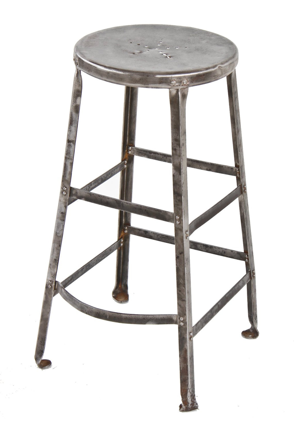 heavy duty c. 1930's american made antique industrial reinforced angled steel four-legged factory stool with riveted joints