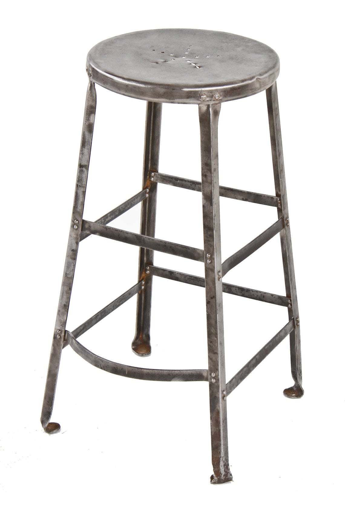 heavy duty c. 1930's american made antique industrial reinforced angled steel four-legged factory stool with riveted joints
