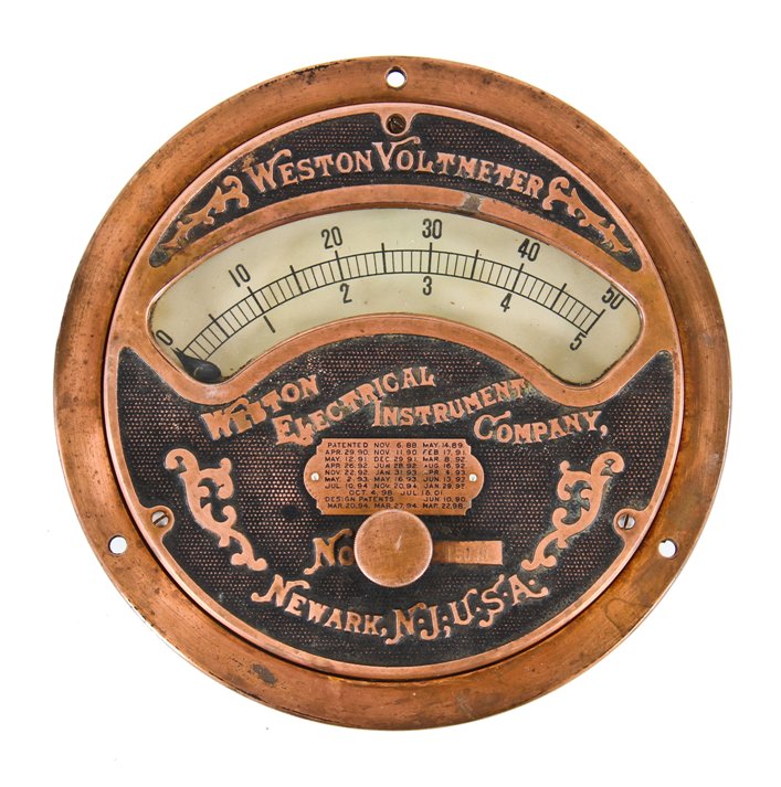 original and remarkably intact dated c. 1907 original and fully functional american industrial salvaged chicago copper-plated cast iron commercial building basement switchboard voltmeter