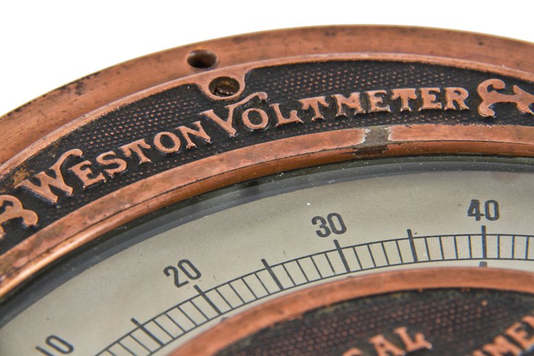 original and remarkably intact dated c. 1907 original and fully functional american industrial salvaged chicago copper-plated cast iron commercial building basement switchboard voltmeter