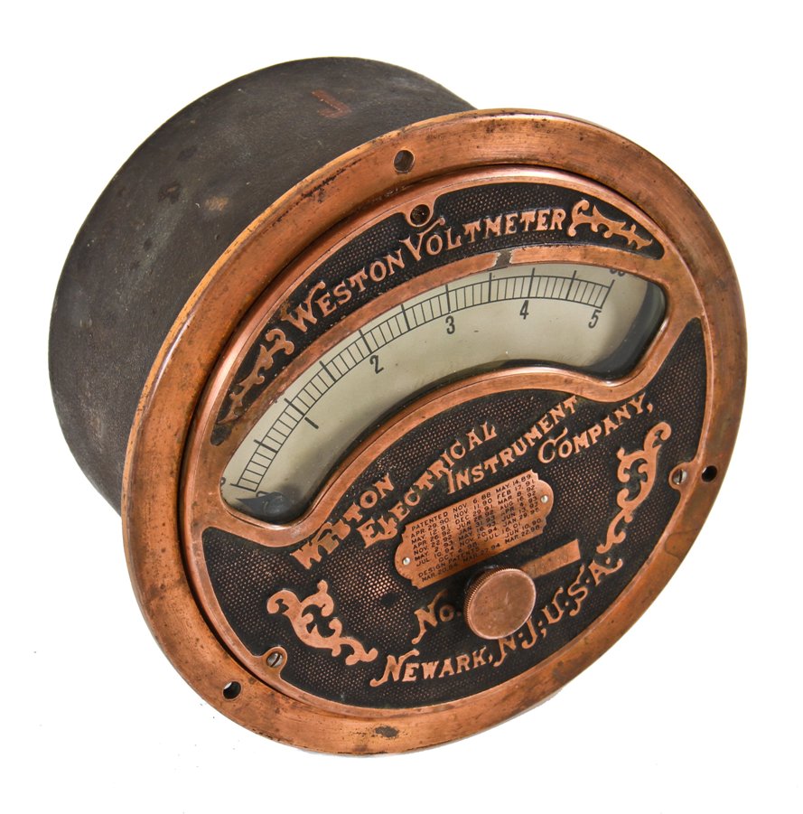 original and remarkably intact dated c. 1907 original and fully functional american industrial salvaged chicago copper-plated cast iron commercial building basement switchboard voltmeter