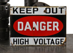 original c. 1930's american antique industrial single-sided heavy gauge porcelain enameled iron "high voltage" factory wall-mount danger sign