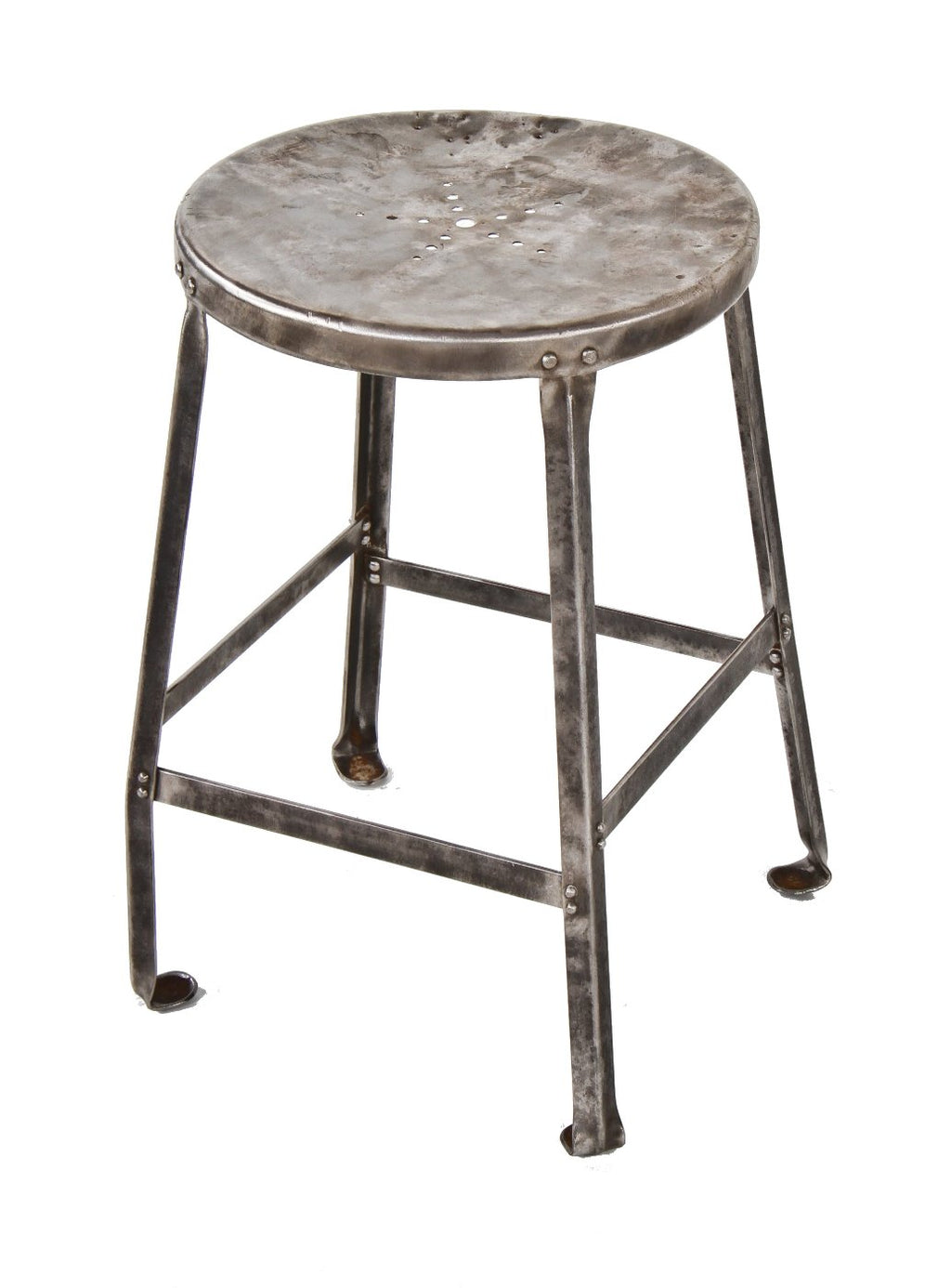 low-lying c. 1930's refinished american industrial all-riveted joint heavy gauge angled steel four-legged stool with inward turned ball feet