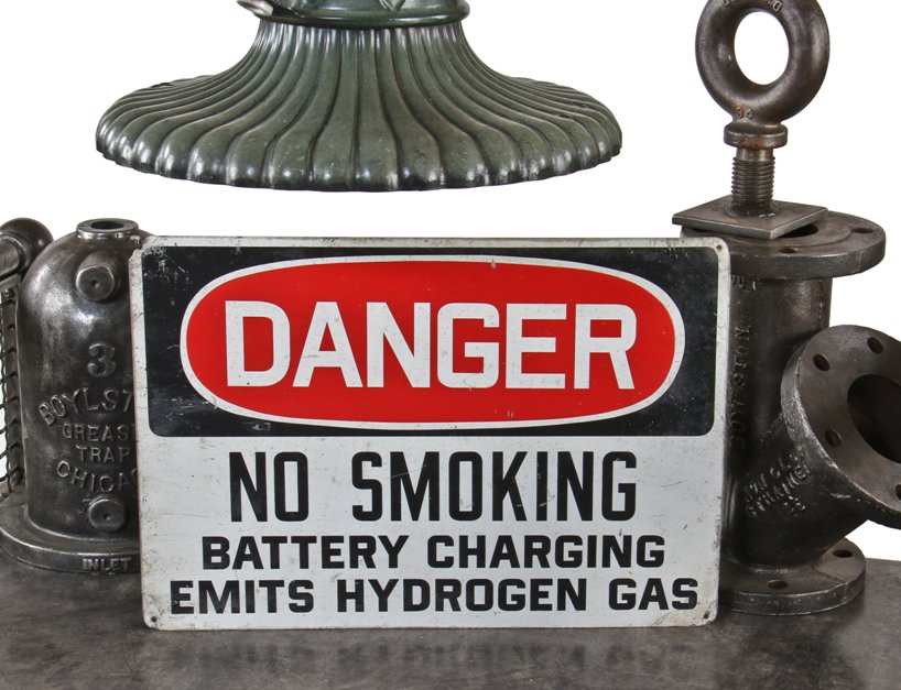 c. 1940's original american industrial die cut steel baked enameled "no smoking" general electric factory danger sign
