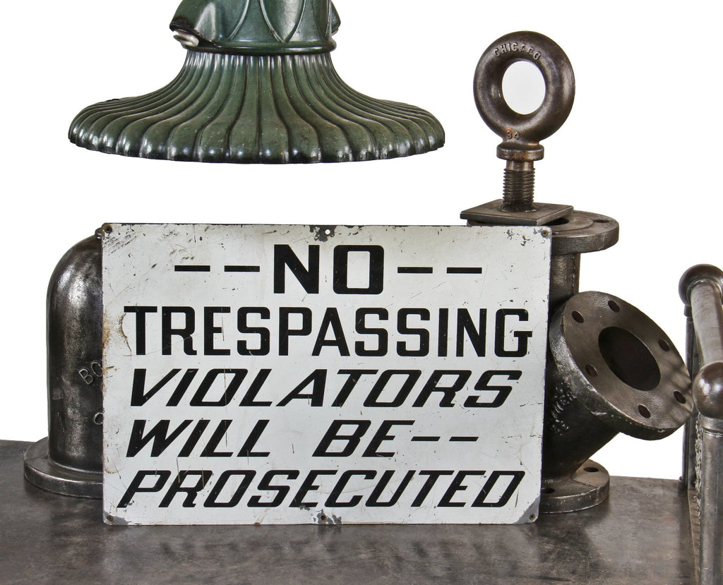 single-sided original c. 1940's american industrial finkl & sons steel mill factory building "no trespassing" baked-on enameled warning sign