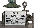 single-sided original c. 1940's american industrial finkl & sons steel mill factory building "no trespassing" baked-on enameled warning sign