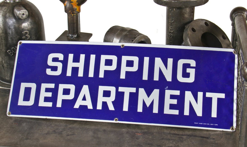 single-sided c. 1940's american industrial cobalt blue porcelain enameled "shipping department"  die cut steel dock sign