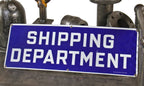 single-sided c. 1940's american industrial cobalt blue porcelain enameled "shipping department"  die cut steel dock sign