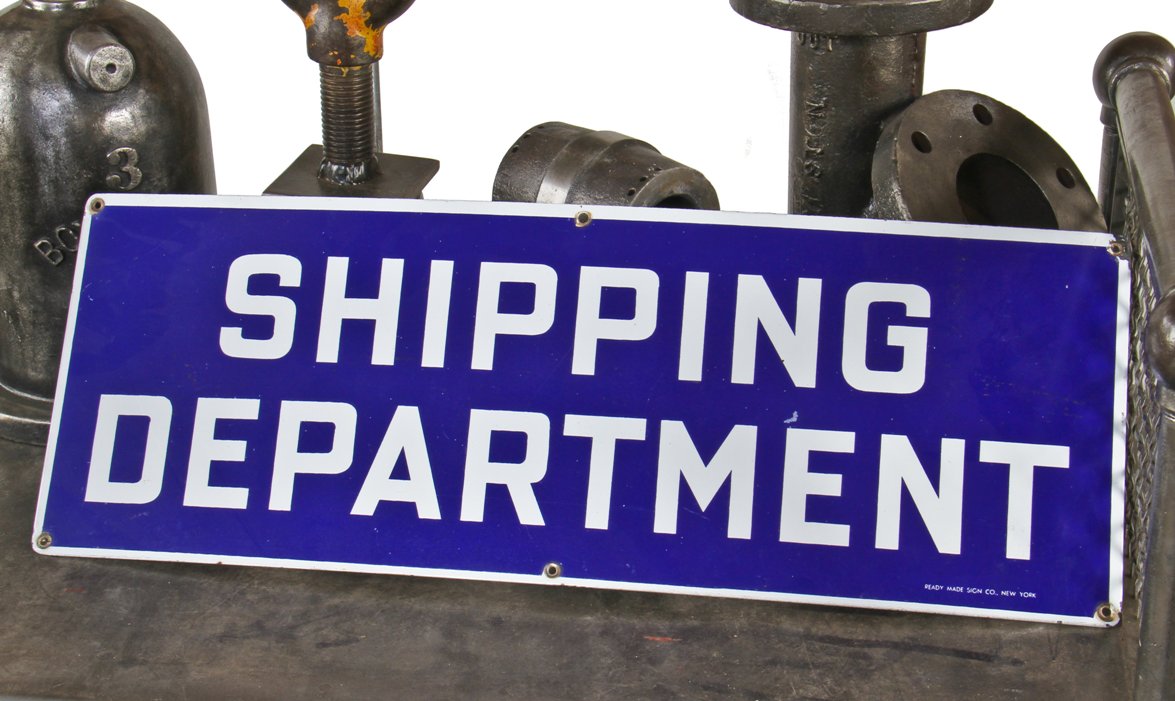 single-sided c. 1940's american industrial cobalt blue porcelain enameled "shipping department"  die cut steel dock sign