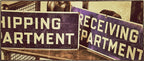 single-sided c. 1940's american industrial cobalt blue porcelain enameled "shipping department"  die cut steel dock sign