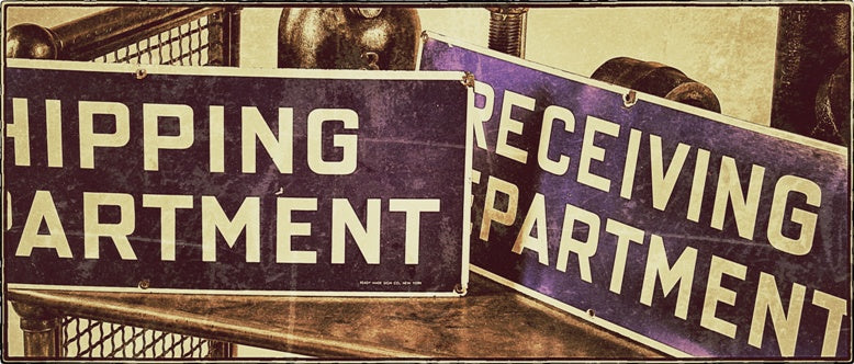 single-sided c. 1940's american industrial cobalt blue porcelain enameled "shipping department"  die cut steel dock sign