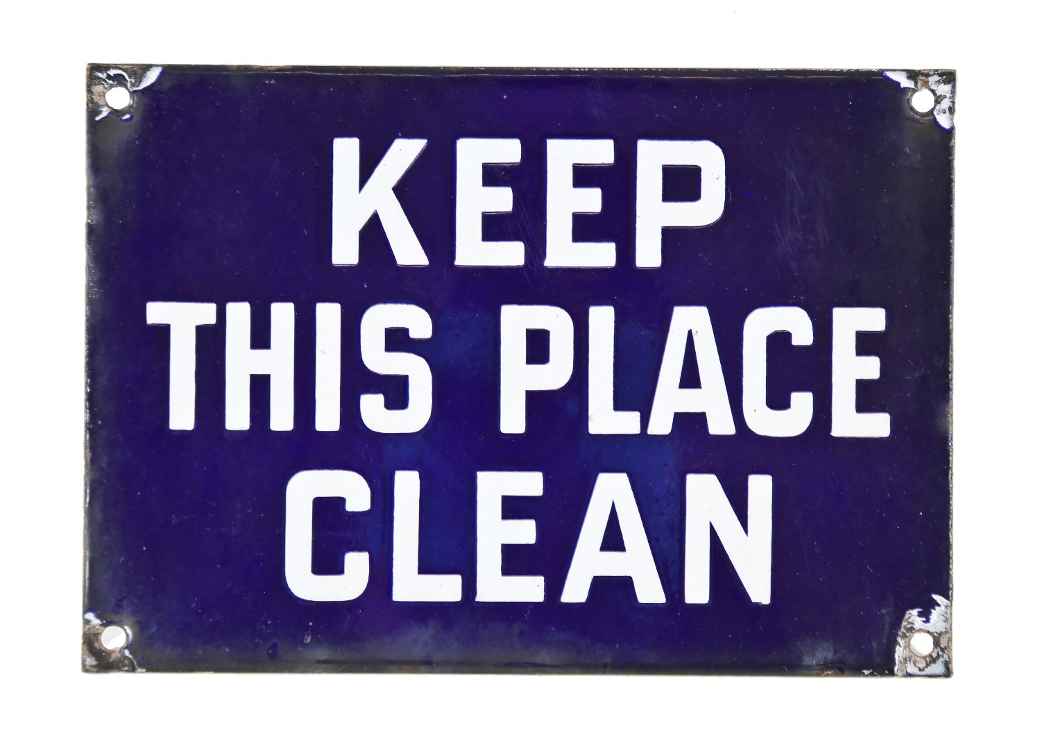 rare c. 1910-15 original dark cobalt blue porcelain enameled iron factory "keep this place clean" informational sign