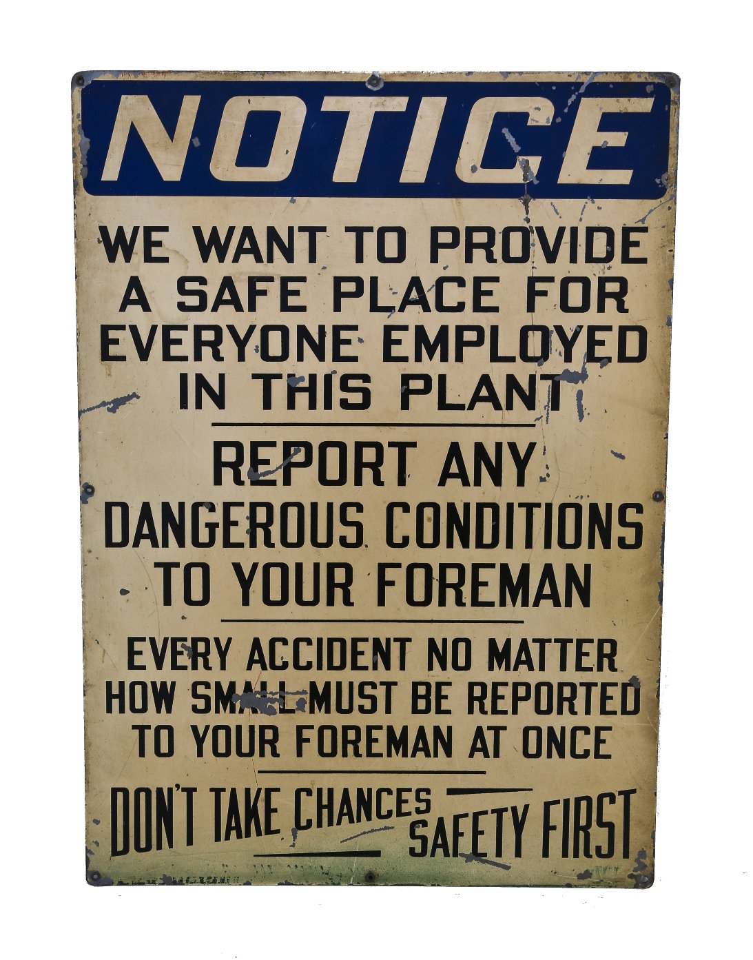 c. late 1930's oversized original single-sided baked enameled die cut steel factory plant notification sign