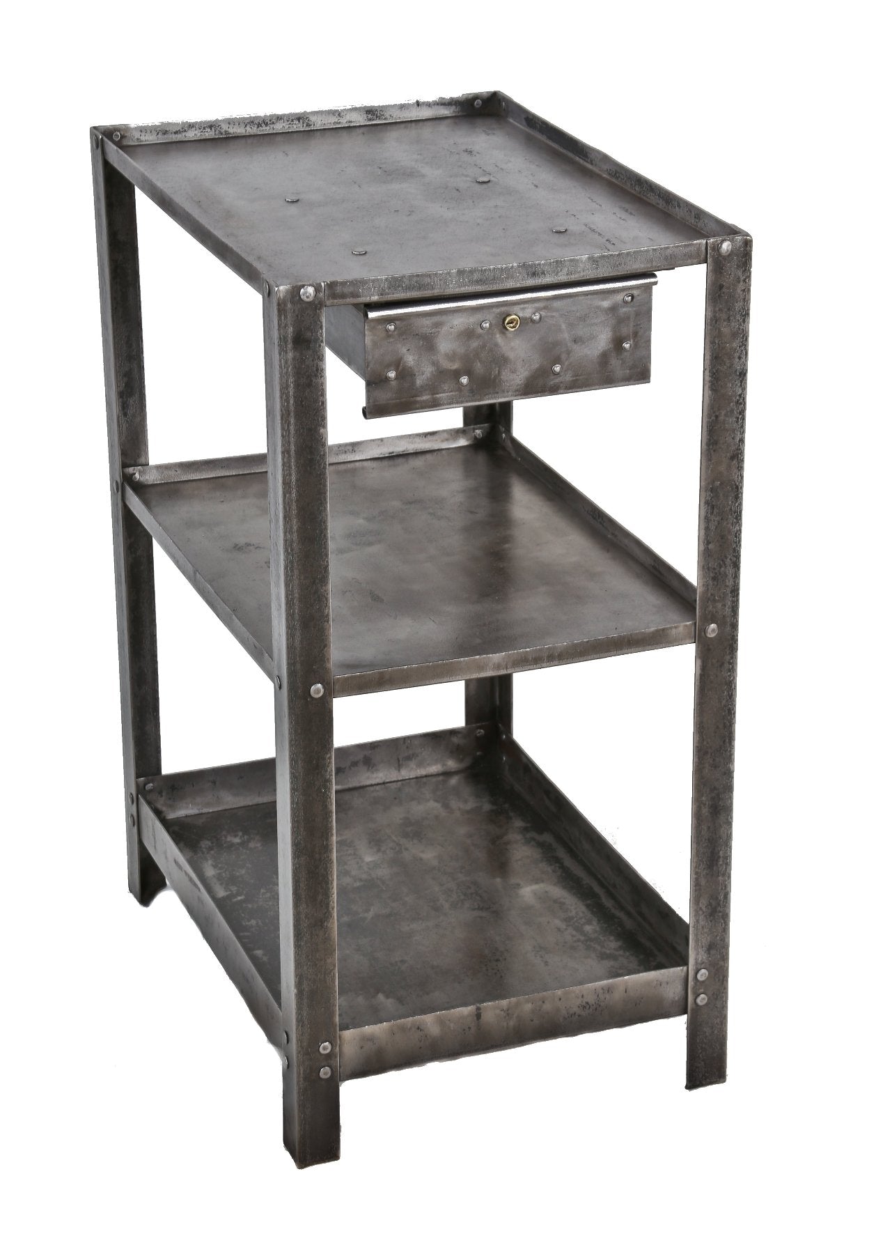 robust three-tier american industrial heavy gauge steel factory machine shop riveted joint shelving unit with brushed metal finish