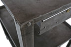 robust three-tier american industrial heavy gauge steel factory machine shop riveted joint shelving unit with brushed metal finish