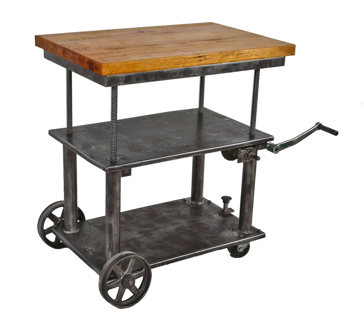 repurposed american industrial adjustable height hand-crank die cart multi-purpose table with newly added maple wood top