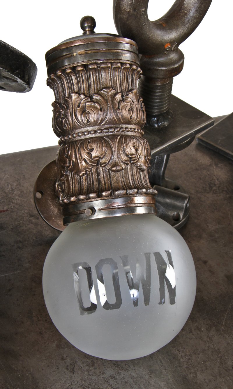 original c. 1899 copper-plated cast iron cable building interior lobby elevator "down" signal lantern with acanthus leaf motif