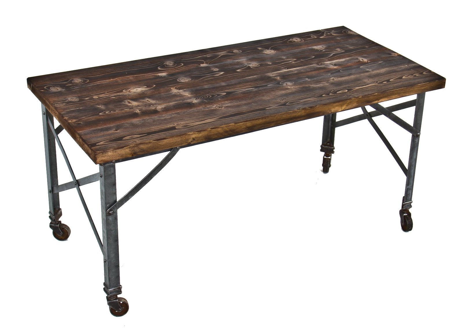 heavily reinforced c. 1930's collapsible repurposed washtub stand coffee table with a newly added darkly stained pine wood top