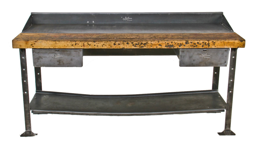 thoroughly cleaned and refinished american made depression era combination maple wood and steel pollard workbench