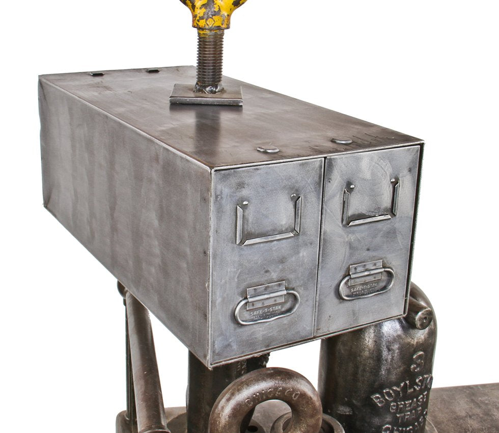 fully functional c. 1940's american industrial pressed and folded steel double-drawer factory office filing cabinet