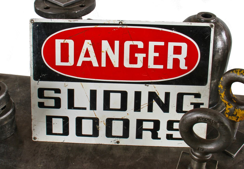 c. 1940's american industrial oversized die cut steel chicago furniture factory "sliding doors" danger or cautionary sign