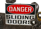 c. 1940's american industrial oversized die cut steel chicago furniture factory "sliding doors" danger or cautionary sign