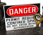 oversized single-sided c. 1940's american industrial die cut steel "confined space" danger or cautionary wall-mount factory sign
