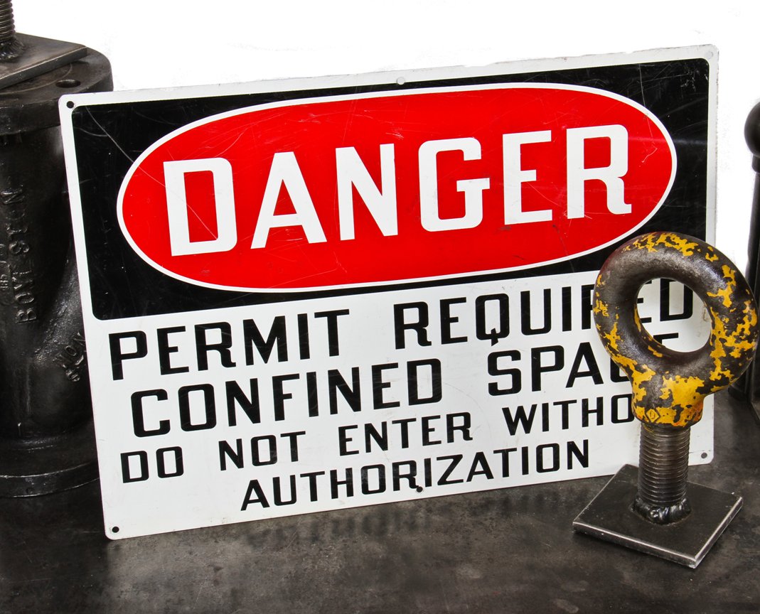 oversized single-sided c. 1940's american industrial die cut steel "confined space" danger or cautionary wall-mount factory sign