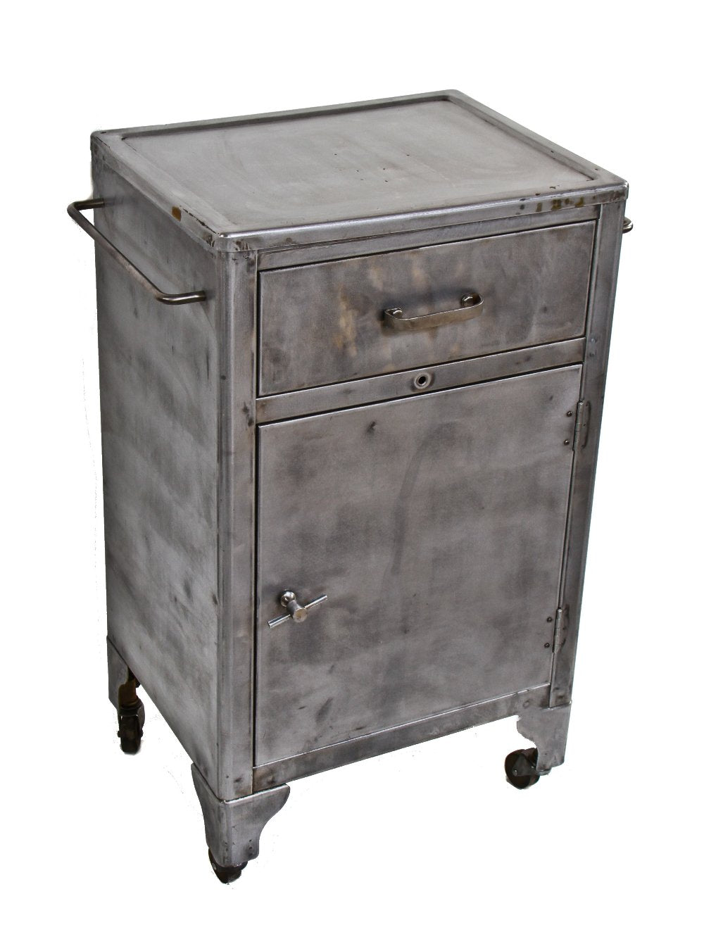 robust multi-purpose late 1930's american medical mobile hospital room steel supply station with opposed towel rods and intact t-handle