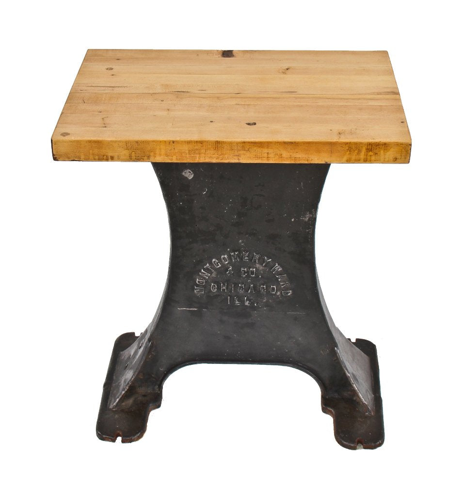 c. 1900's american industrial repurposed cast iron band saw machine base side or occasional table with newly added maple wood top