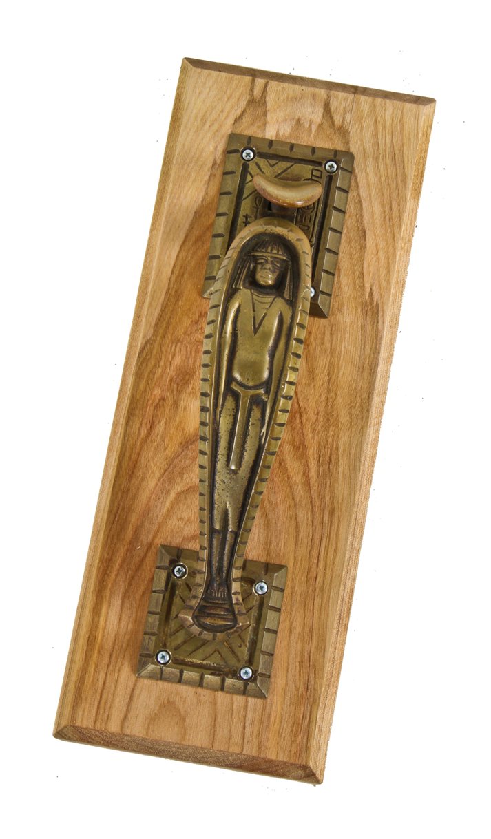 very unusual and rare c. 1920's original ornamental cast brass art deco egyptian revival style thumb latch "mummy" entrance door handle