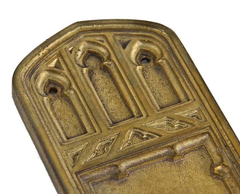 pair of original early 20th century oversized ornamental cast brass gothic style chicago church door push plates with tracery