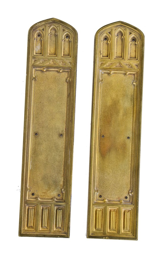 pair of original early 20th century oversized ornamental cast brass gothic style chicago church door push plates with tracery