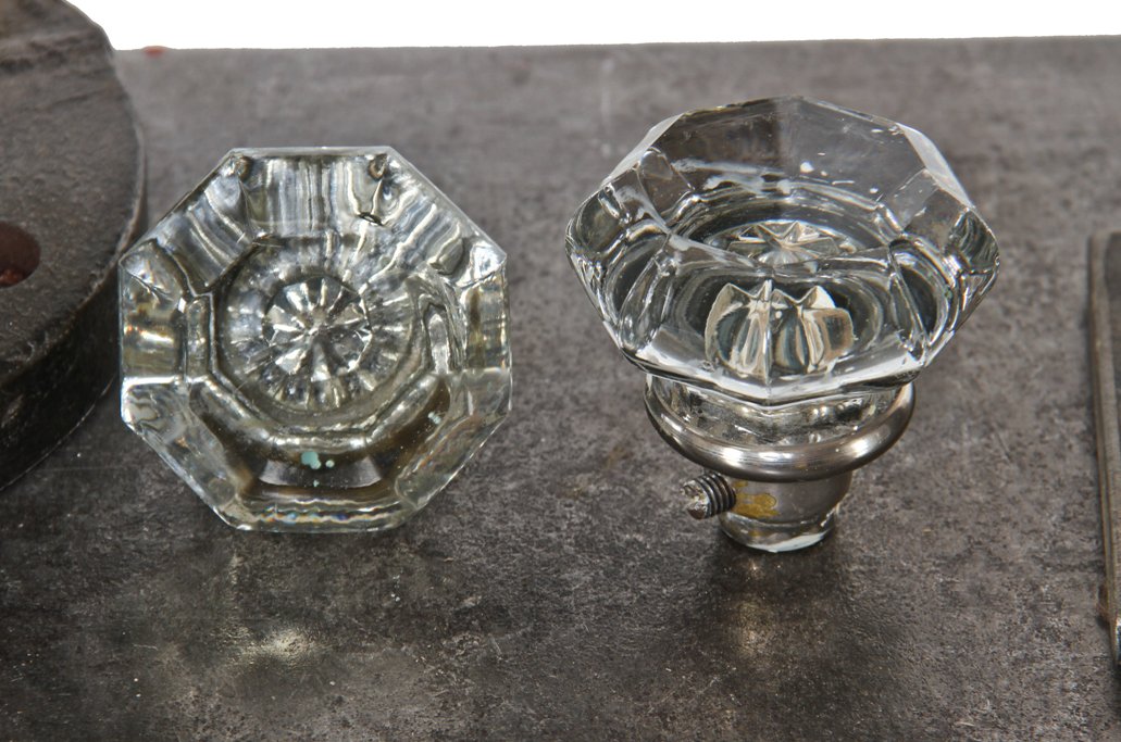 pair of original oversized antique american early 20th century multifaceted glass lavatory door handles with nickel-plated shanks
