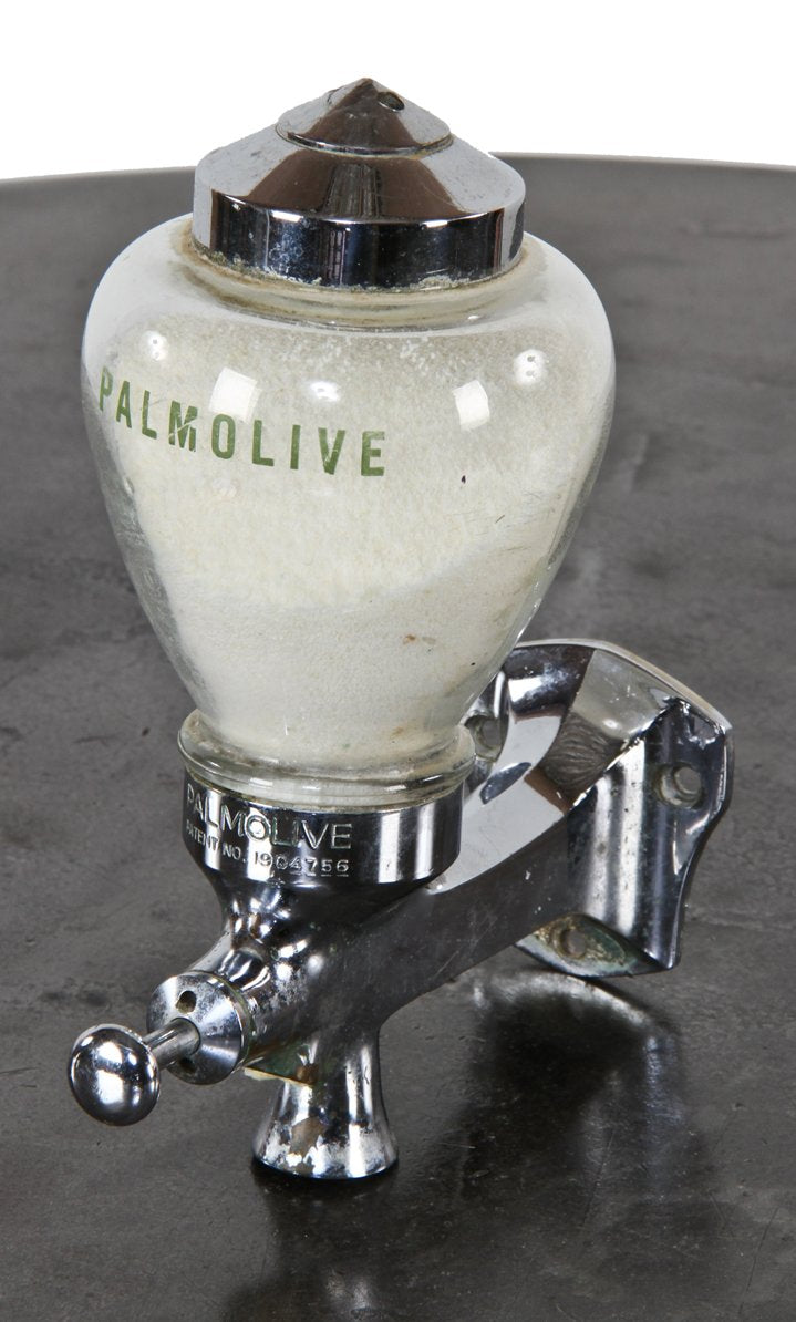 all original and fully functional c. 1930's american-made flush mount "palmolive" powdered soap dispenser with patented plunger