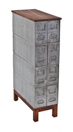 repurposed american industrial "safe-t-stak" brushed metal compartmentalized freestanding cabinet with newly added base and top