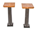 two matching repurposed early 20th century american railroad platform scale column side tables or display stands