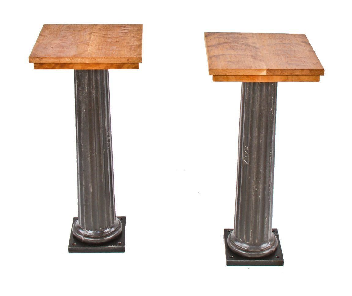 two matching repurposed early 20th century american railroad platform scale column side tables or display stands