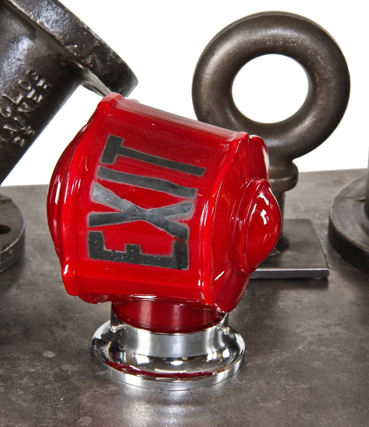 hard to find uniquely shaped original c. 1930's american art deco style ruby red glass illuminated exit theater light fixture with polished chrome fitter