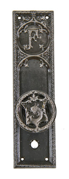 late 19th century original antique american interior historic building office door monogrammed cast iron hardware with stylized fish