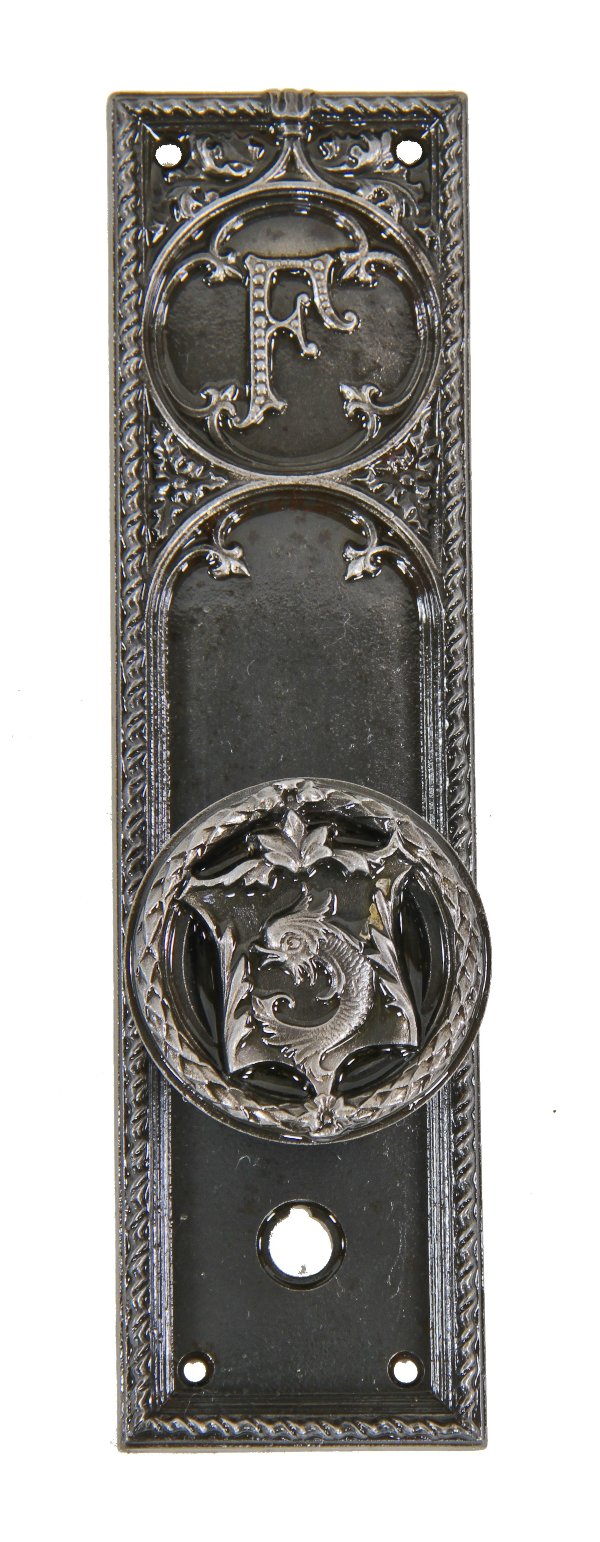 late 19th century original antique american interior historic building office door monogrammed cast iron hardware with stylized fish