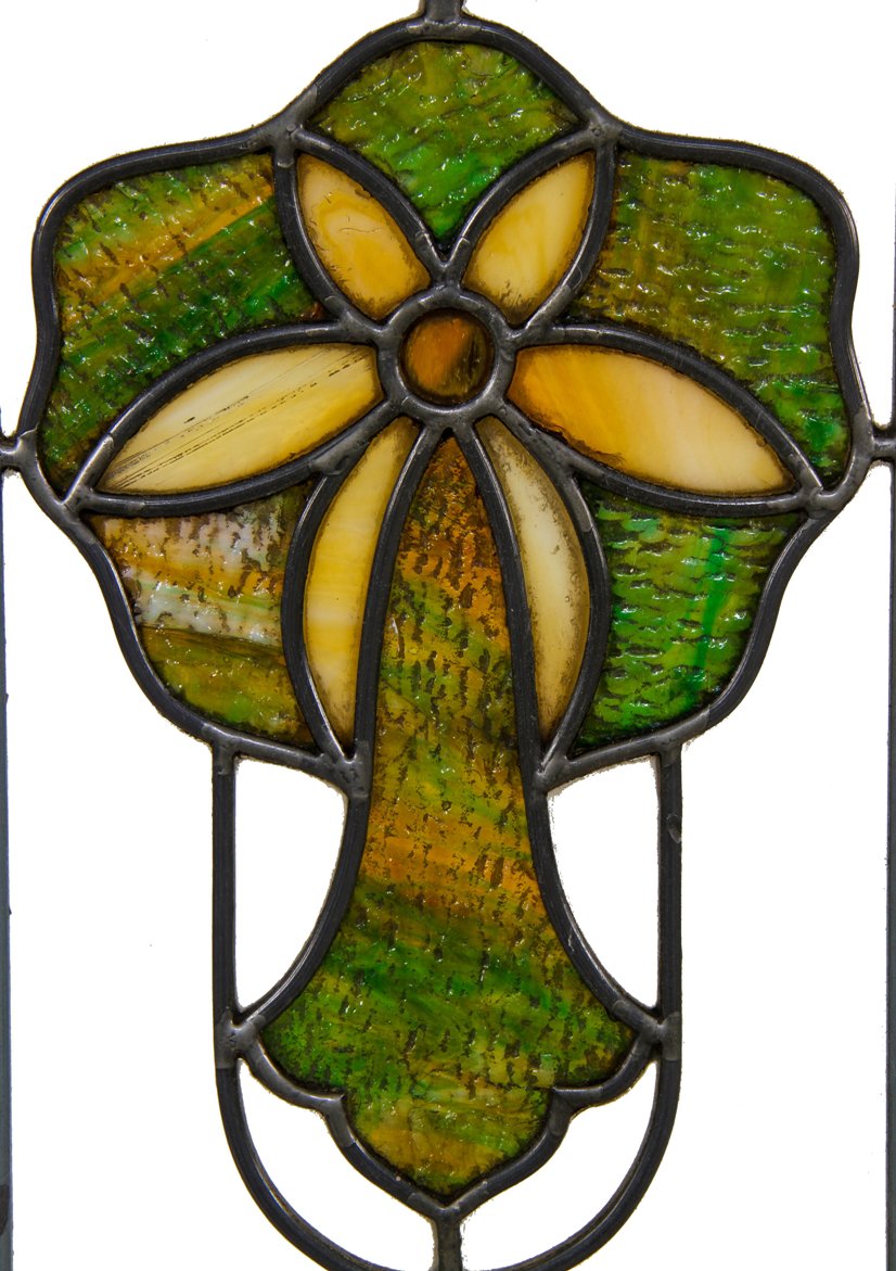 C 1918 original and largely intact american craftsman style interior residential leaded art glass casement window with floral motif