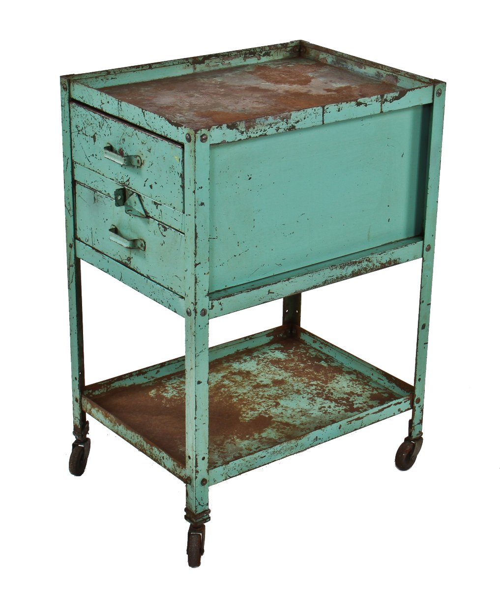 lightly cleaned original c. 1940's american industrial mobile two-drawer reinforced steel "tool stand" or storage cart