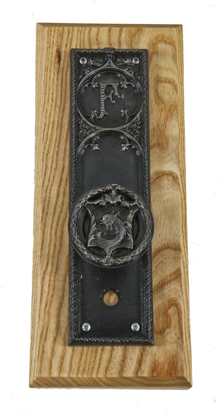 late 19th century original antique american interior historic building office door monogrammed cast iron hardware with stylized fish