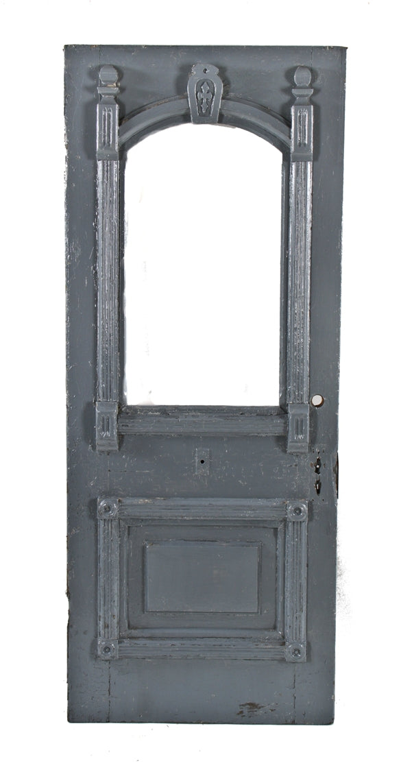 original late 1860's american pre-chicago fire exterior residential panted gray wood entrance door with unique keystone
