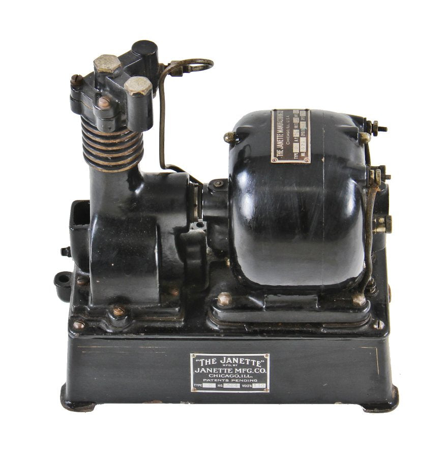 early 20th century rare antique american industrial "type e" janette self-contained single-cylinder air compressor with original baked black enameled finish