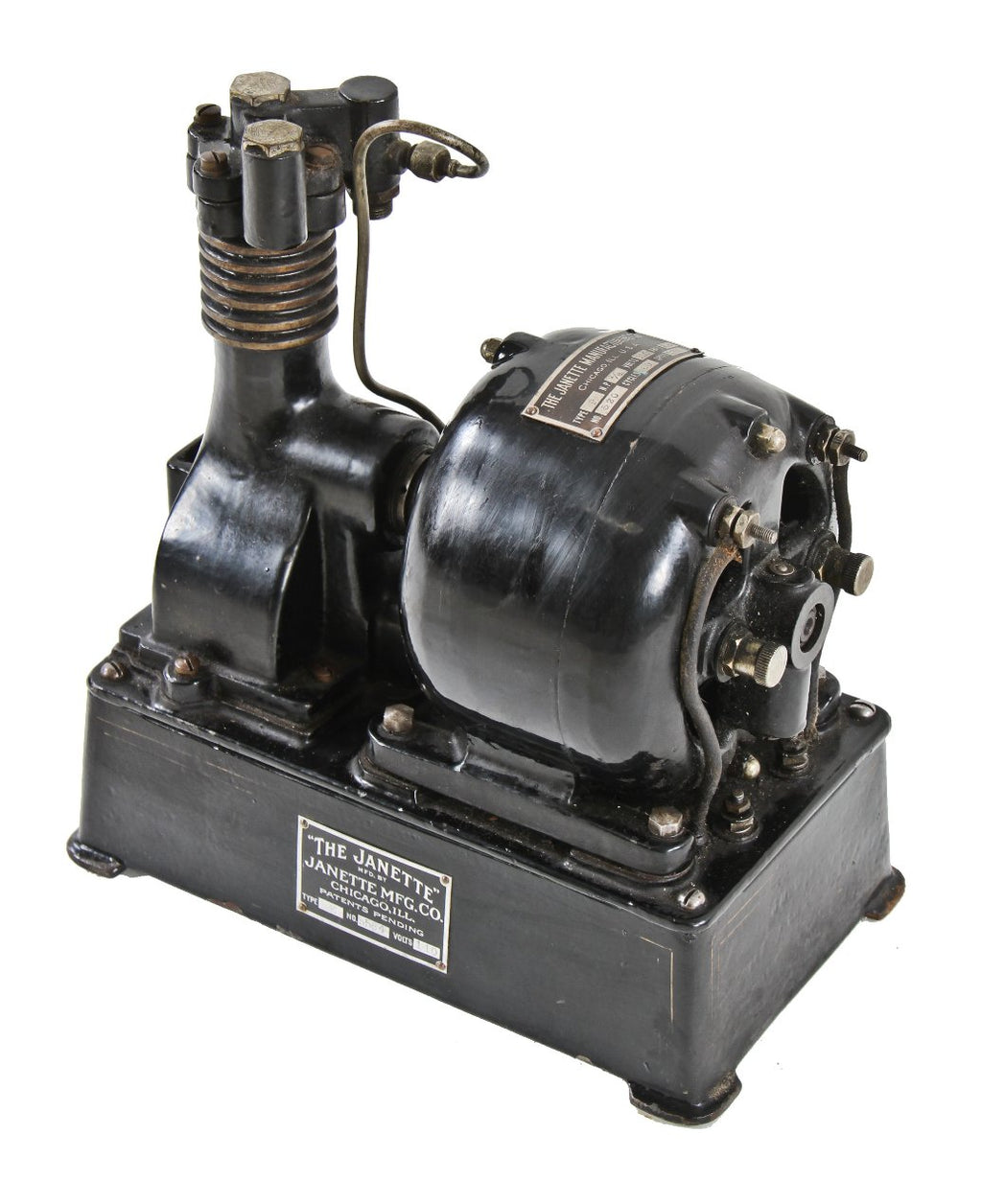 early 20th century rare antique american industrial "type e" janette self-contained single-cylinder air compressor with original baked black enameled finish
